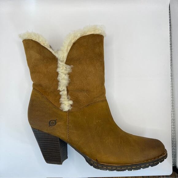 Born Boots Donna Booties Womens 8.5 Cognac Brown Leather Sherpa Lined Block Heel - Picture 3 of 10